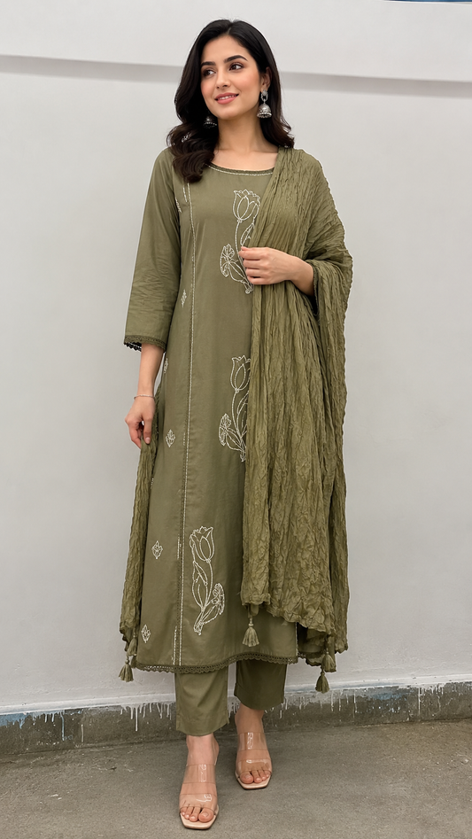 Mouse Brown Cotton Blend Embroidered Kurta and Pant with Dupatta