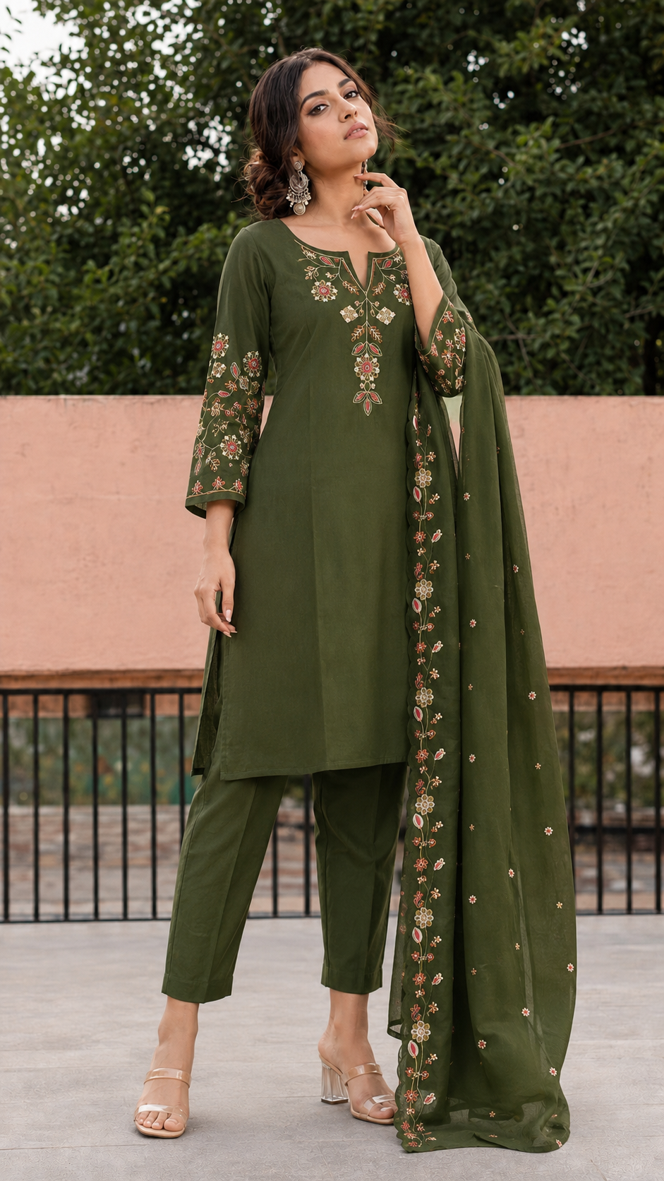Mehendi Green Silk Blend Embroidered Kurta and Pant with Dupatta
