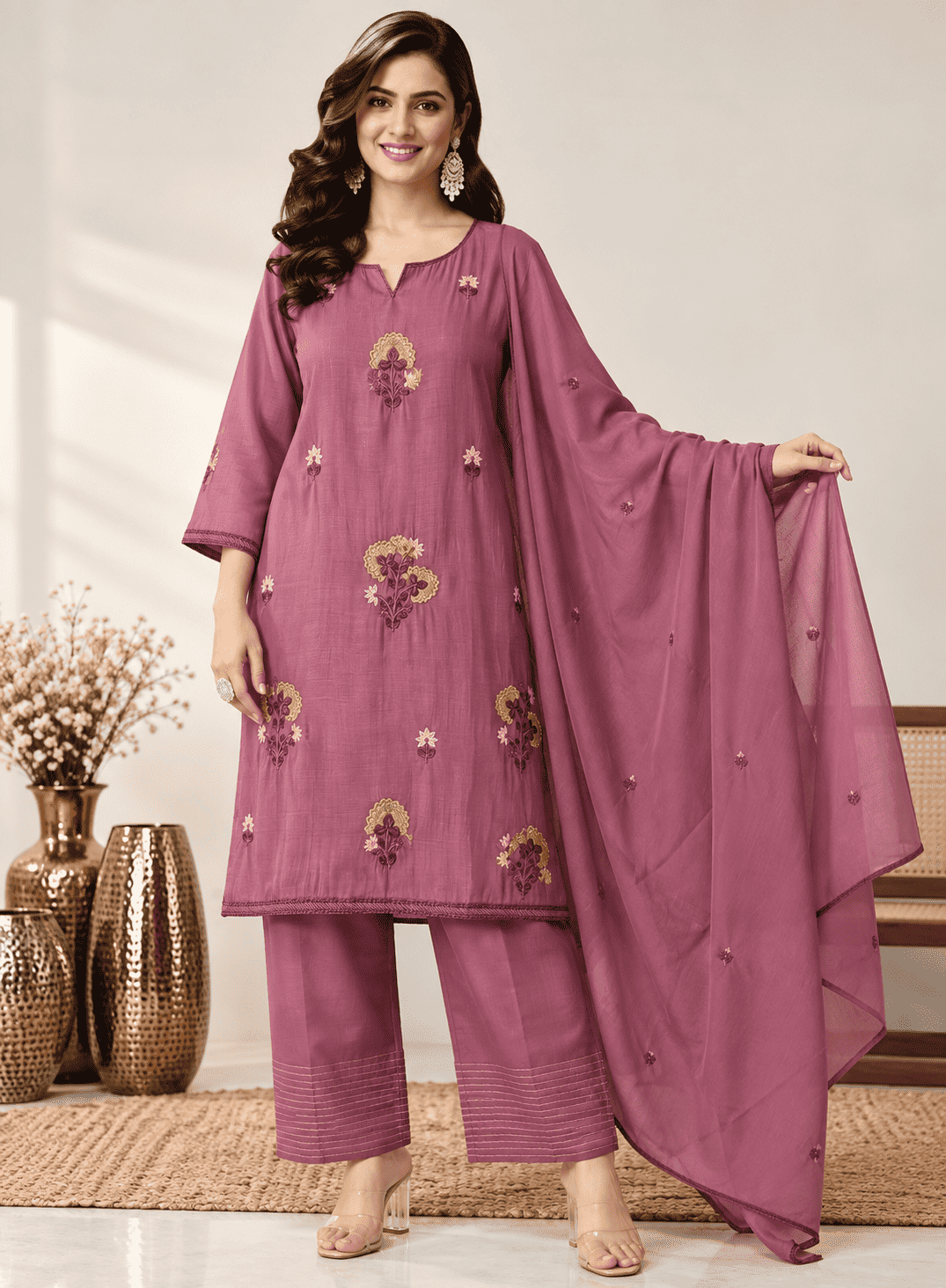 Light Purple Embroidered Mul Chanderi Kurta and pant with Dupatta