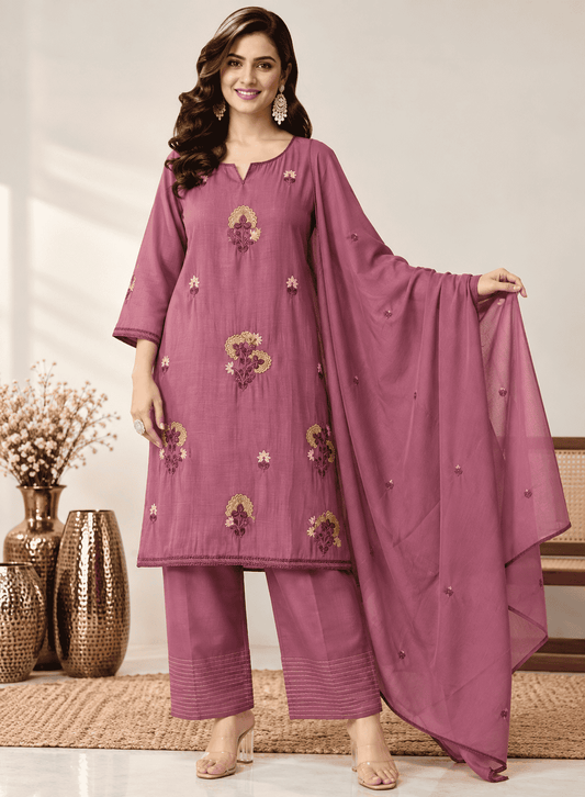 Light Purple Embroidered Mul Chanderi Kurta and pant with Dupatta