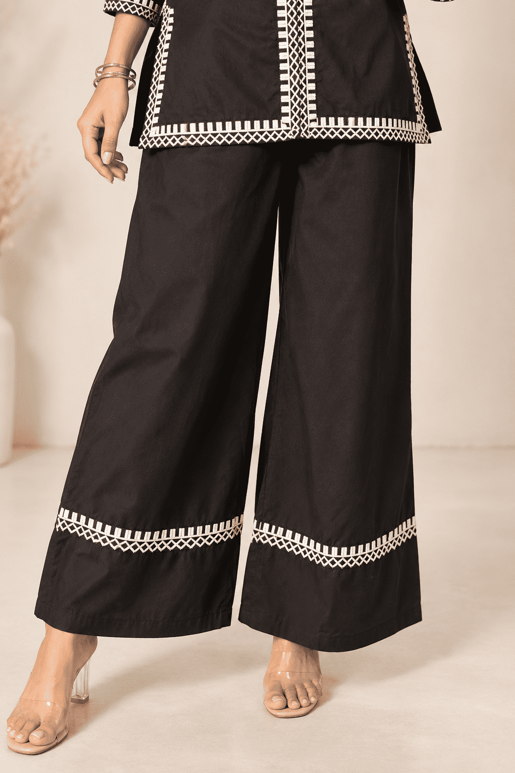Black With White Thread Embroidered Short Kurta Pant Set