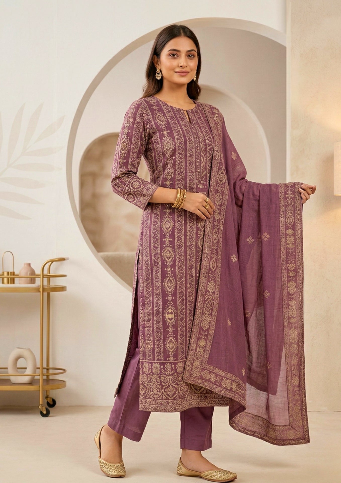Unstitched Dusty Mauve-Purple Viscose-Georgette Fabric Adorned With Delicate Ivory Thread Embroidered Suit Material