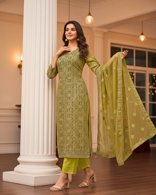 Unstitched Dusty Teal Green Viscose-Georgette Fabric Adorned With Delicate Ivory Thread Embroidered Suit Material