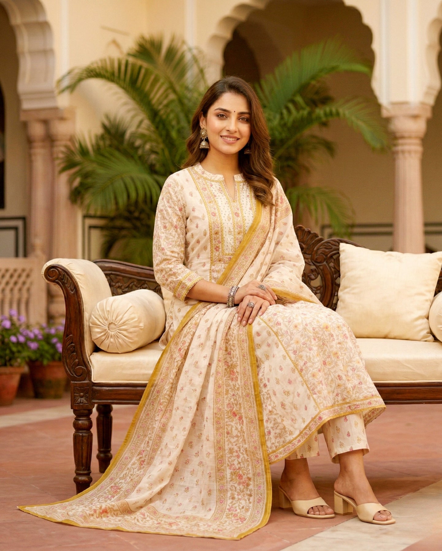 White Cotton Floral Suit Set With Yellow And Pink Accents Paired With Dupatta