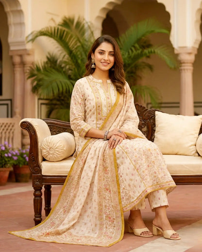 White Cotton Floral Suit Set With Yellow And Pink Accents Paired With Dupatta