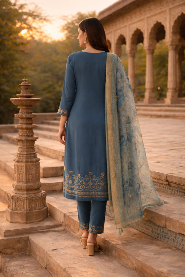 Dark Blue Cotton Blend Kurta Pant With Floral Printed Dupatta