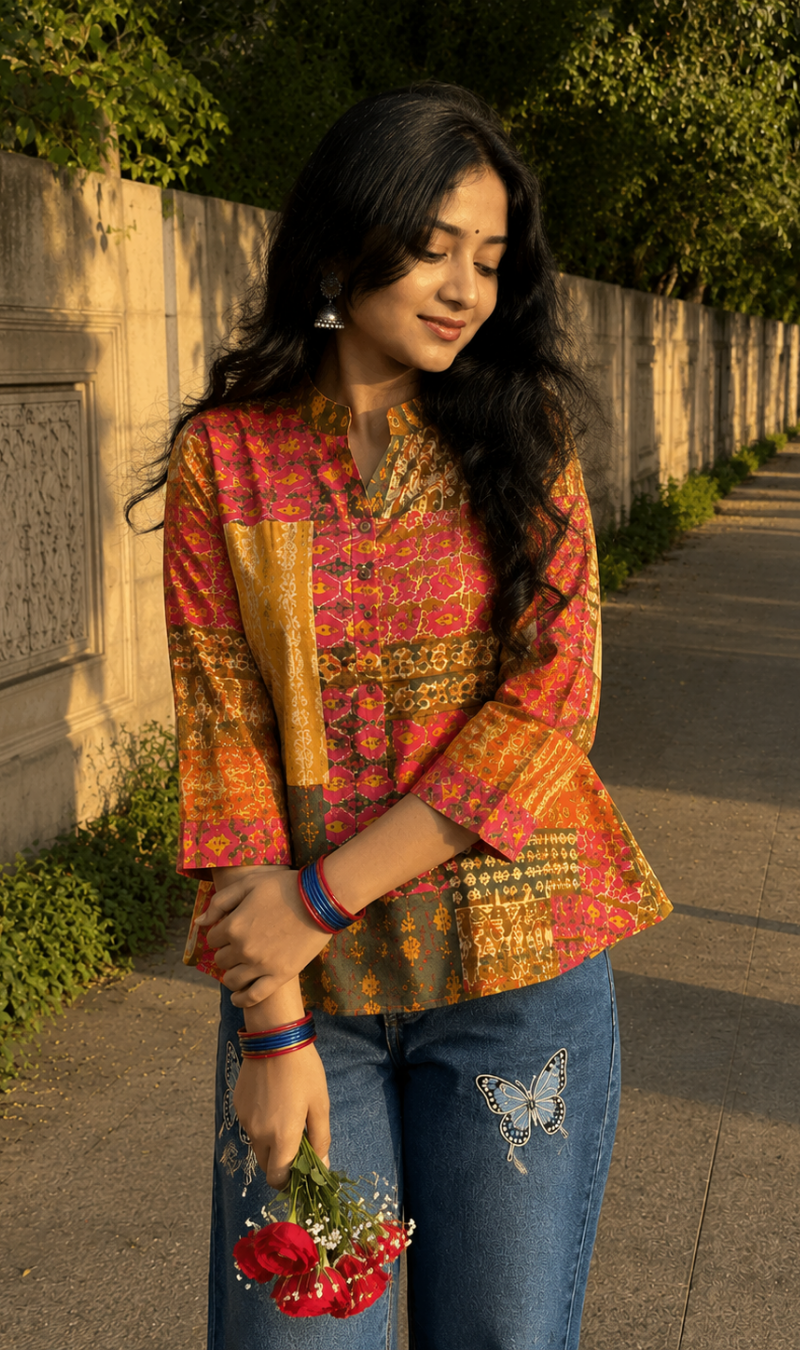 Multicoloured Abstract Printed Cotton Short Kurti
