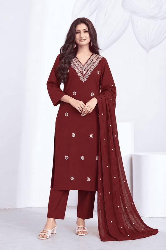 Deep Maroon Embroidered Cotton Blend Kurta Pant and Dupatta