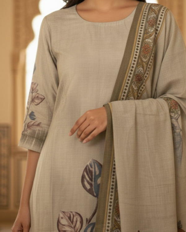 Leaf Motifs Sage Rayon kurta set with dupatta