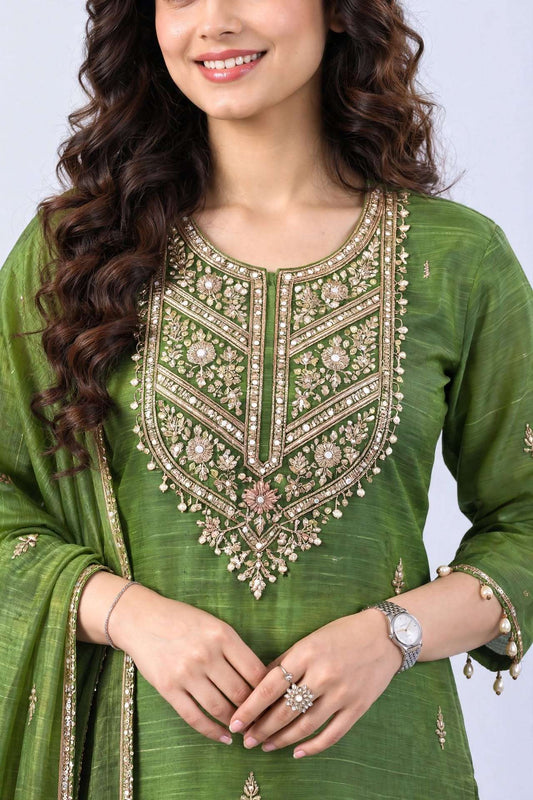 Mehendi Green Embroidered Chinon Kurta Pant and Dupatta