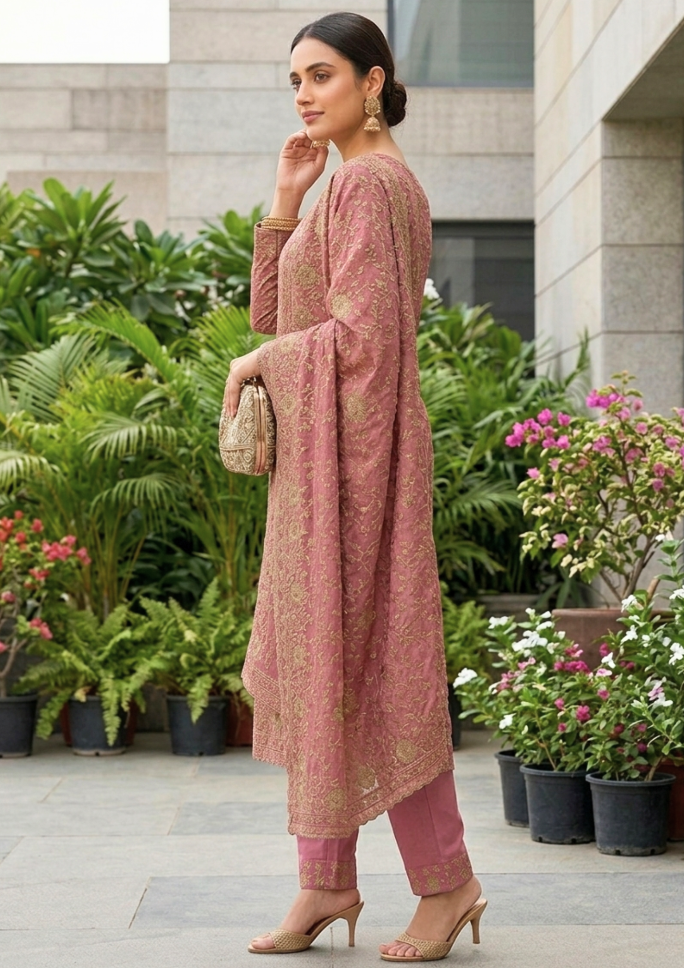 unstitched pink tissue with embroidery suit material