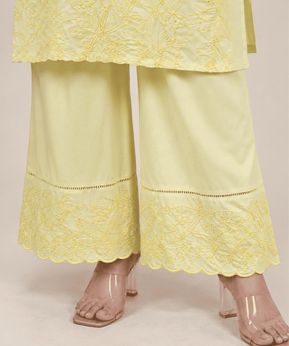 Yellow Embroidered Viscose Kurta Pant Set