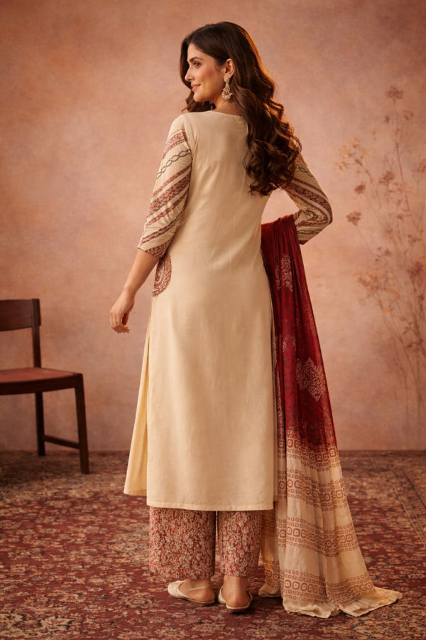 Ivory White Cotton Kurta Set Featuring Applique Pocket With Kalamkari Dupatta