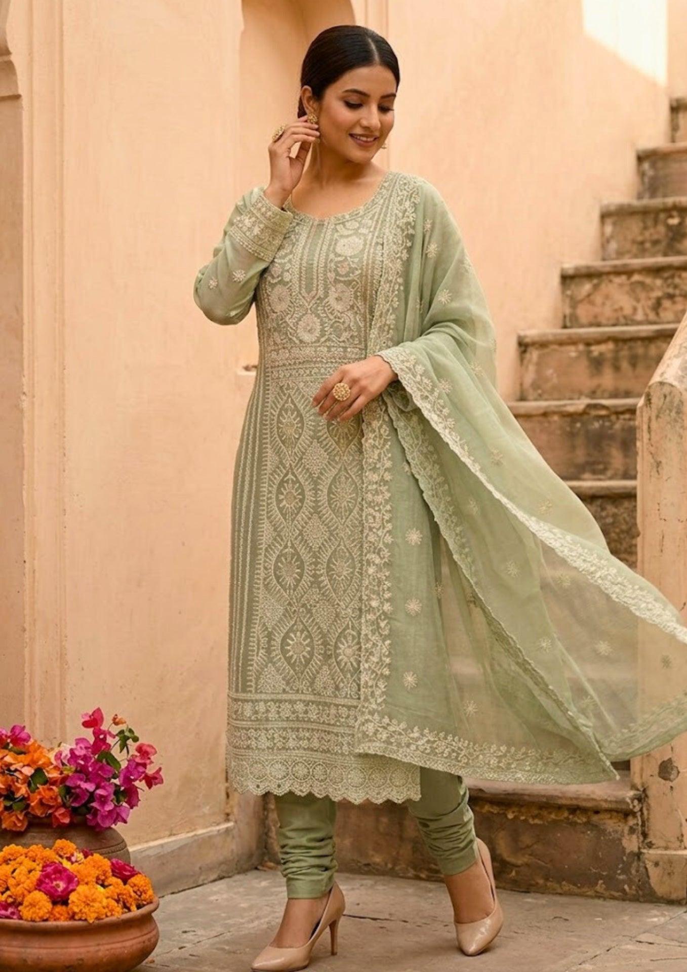 Semi-Stitched Soft Pastel Mint Green Organza Suit With Intricate White Thread And Golden Sequin Embroidery