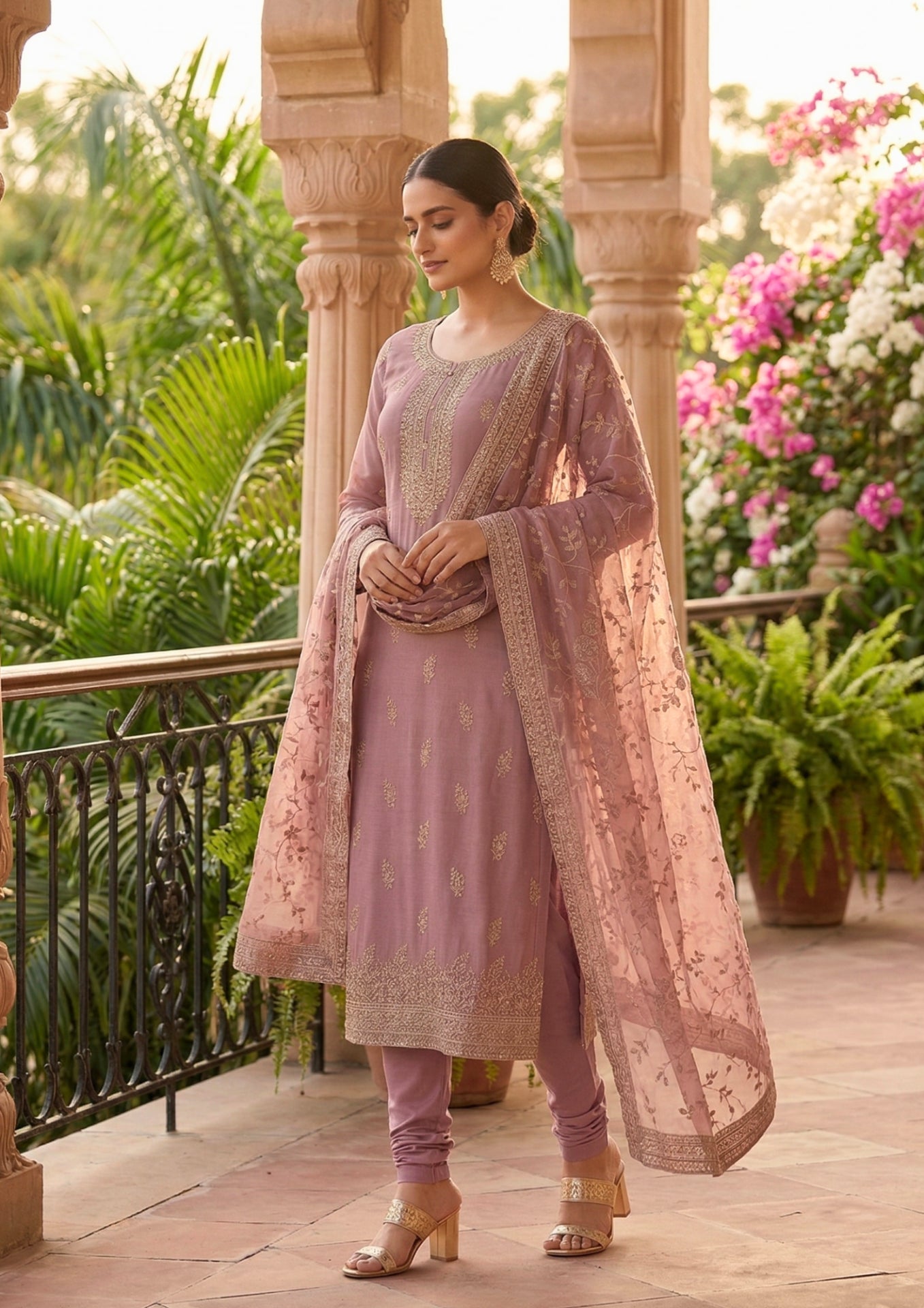 Semi-Stitched Dusty Mauve Chiffon Suit With Delicate Golden Thread And Sequin Embroidery