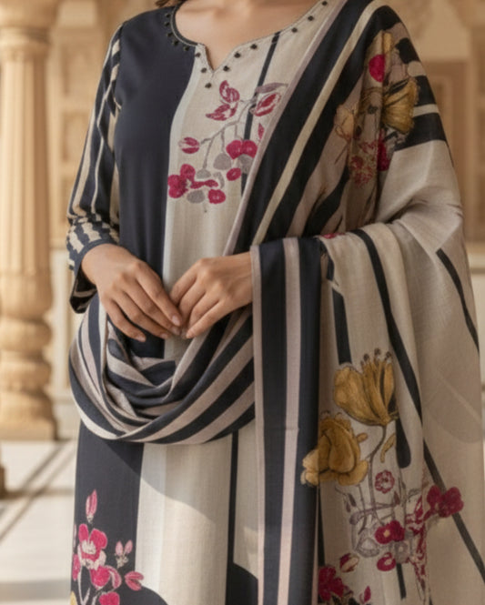 Floral Printed Striped Black Beige Rayon Kurta Pant With Dupatta