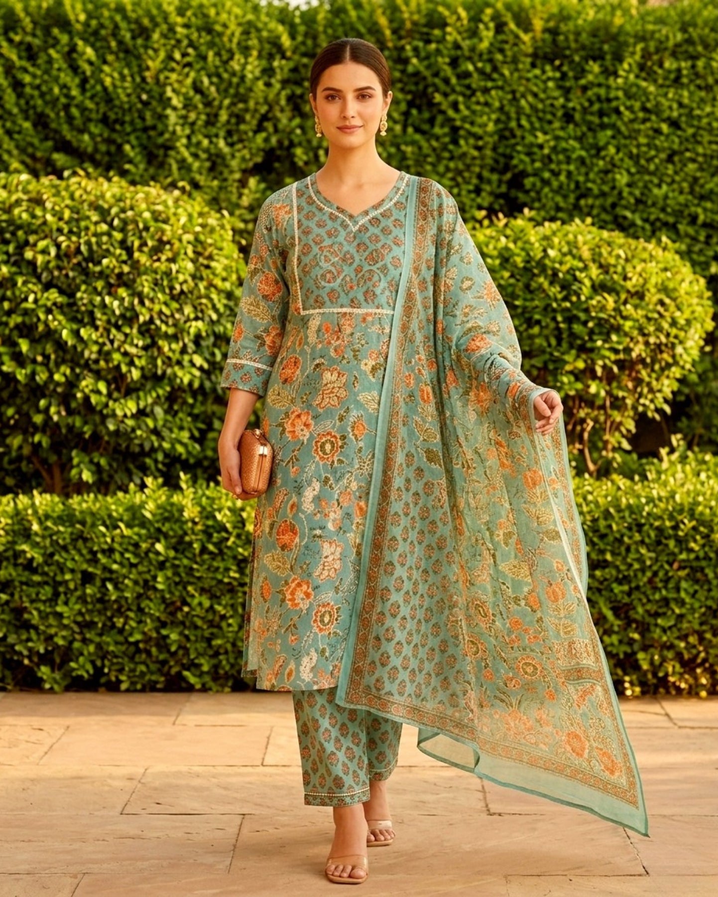 Floral Sea-Green Cotton Kurta With Patterned Straight Trouser Paired With Dupatta