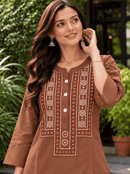 Cocoa Brown Embroidered Rayon Kurta Pant Set