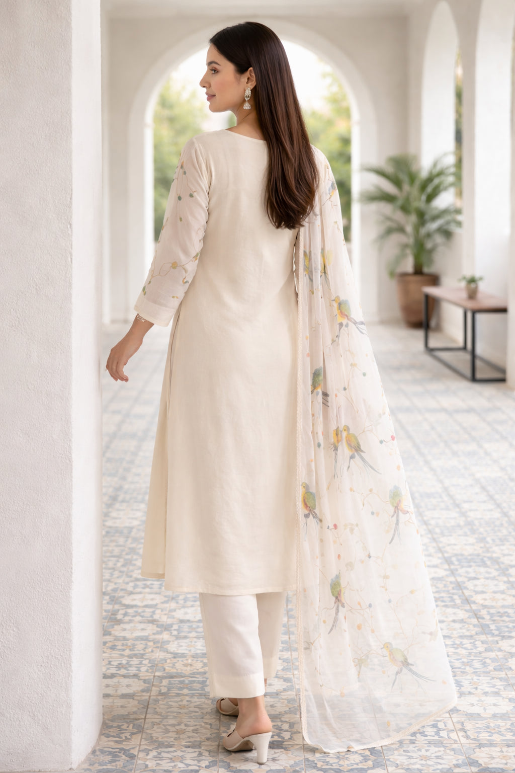 Ivory rayon bird print kurta pant with dupatta