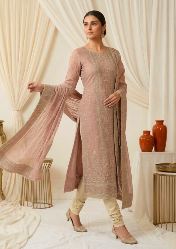 Unstitched Soft Blush Pink Organza With Intricate Ivory And Gold Threadwork Embroidery Suit Material