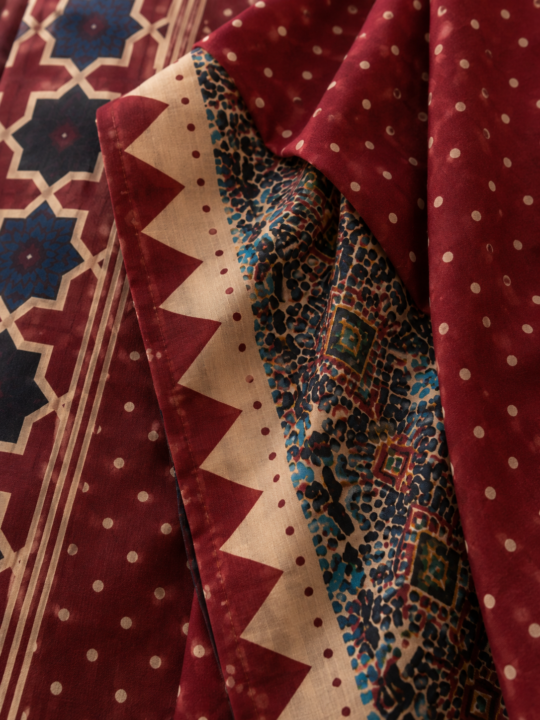 Maroon Printed Cotton Blend Kurta and Pant with Dupatta