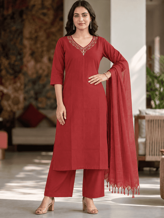 Maroon Embroidered Rayon Kurta Pant and Dupatta