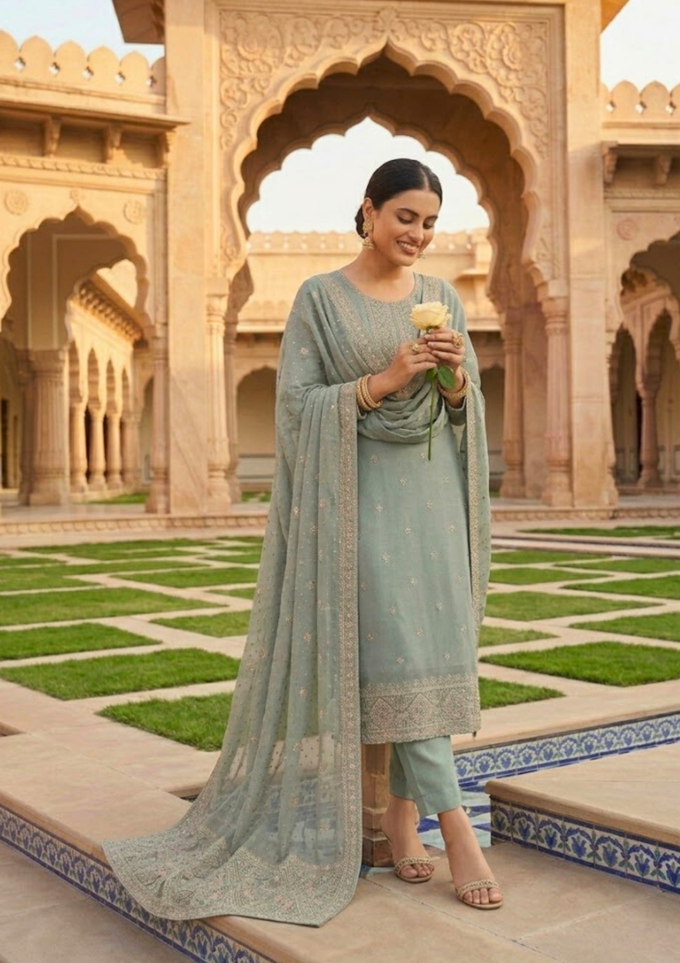 Sky Blue Semi-Stitched Embroidered Organza Suit Set With Dupatta