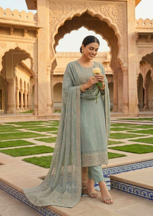 Sky Blue Semi-Stitched Embroidered Organza Suit Set With Dupatta