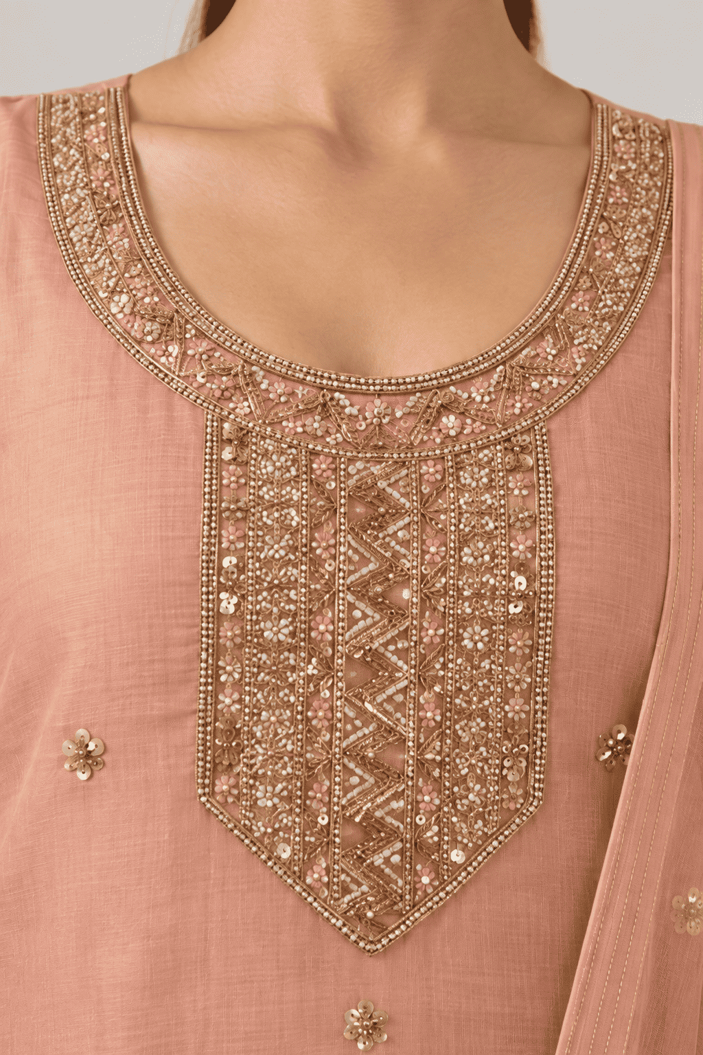 Peach Embroidered Shantoon Kurta Pant and Dupatta