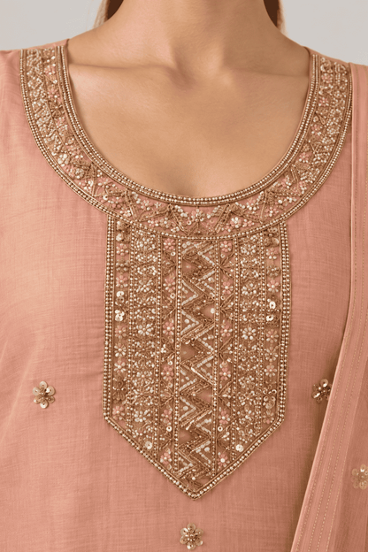 Peach Embroidered Shantoon Kurta Pant and Dupatta