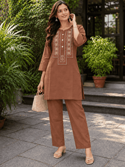 Cocoa Brown Embroidered Rayon Kurta Pant Set
