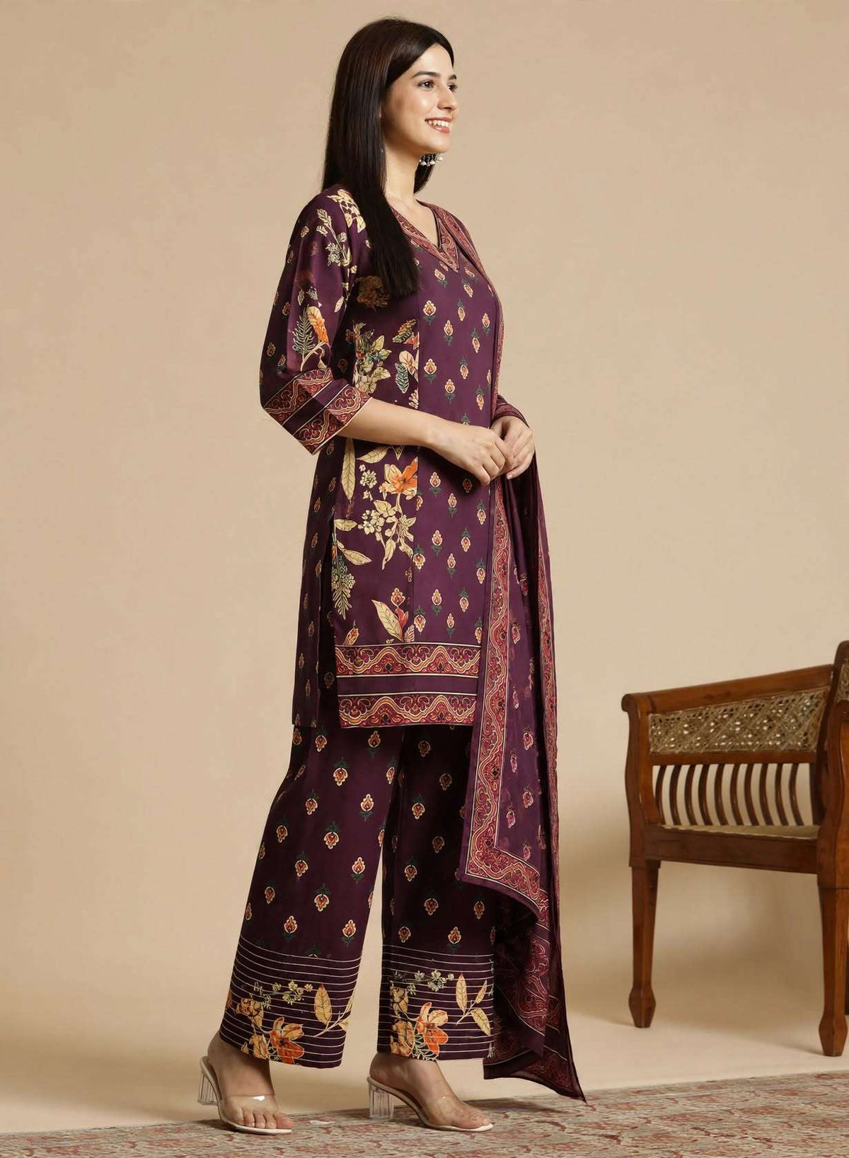 Purple Printed Cotton Kurta and Pant with Dupatta