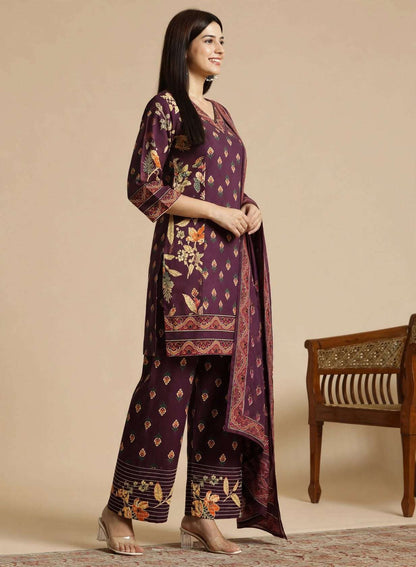 Purple Printed Cotton Kurta and Pant with Dupatta