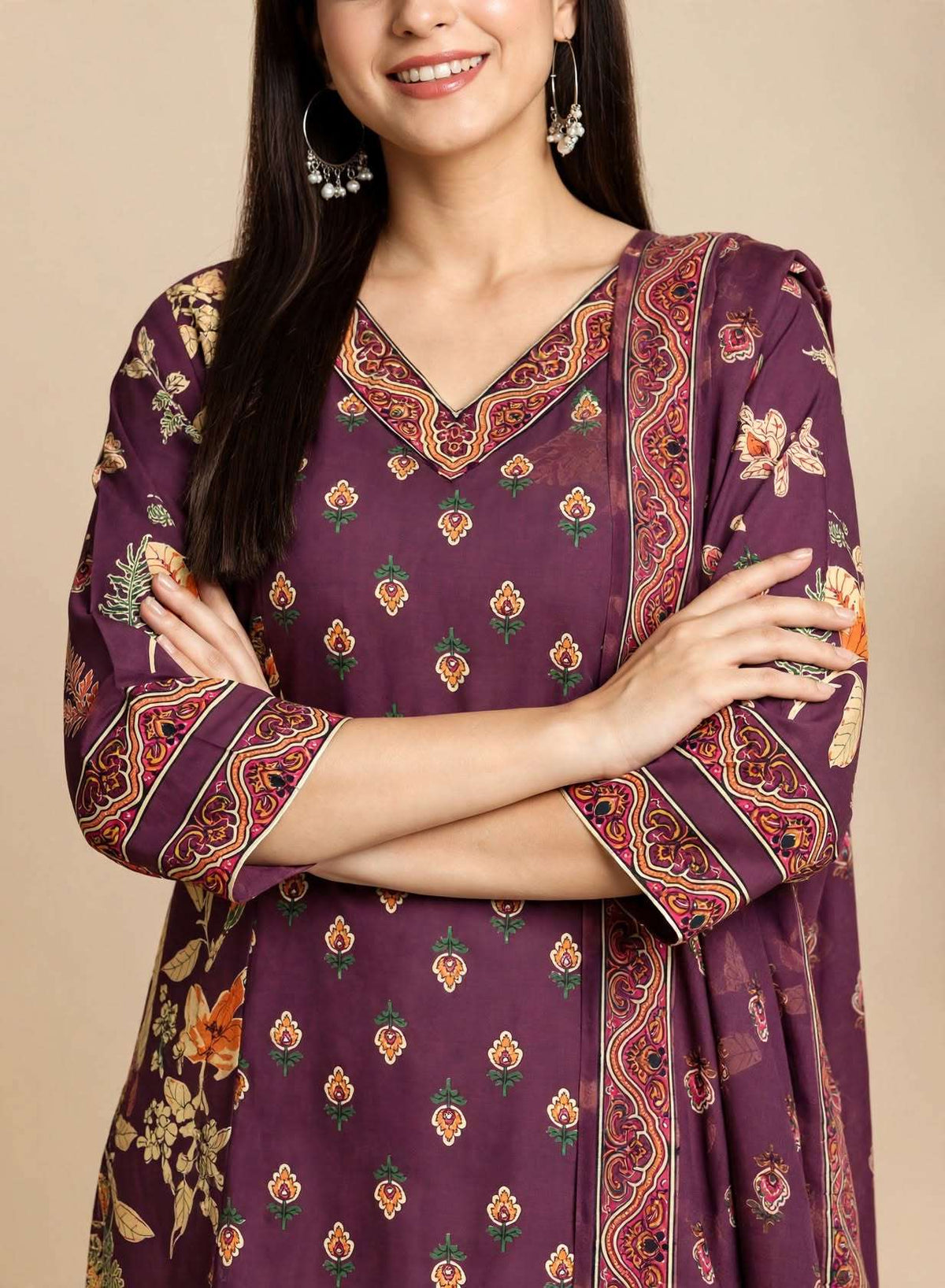 Purple Printed Cotton Kurta and Pant with Dupatta
