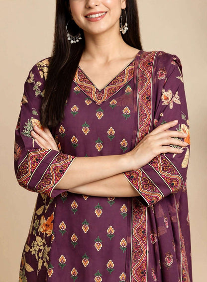 Purple Printed Cotton Kurta and Pant with Dupatta