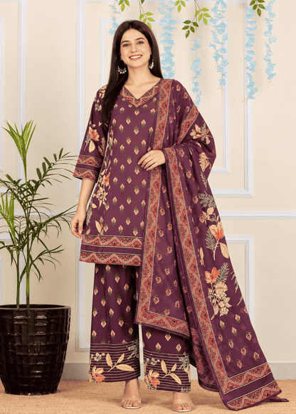Purple Printed Cotton Kurta and Pant with Dupatta