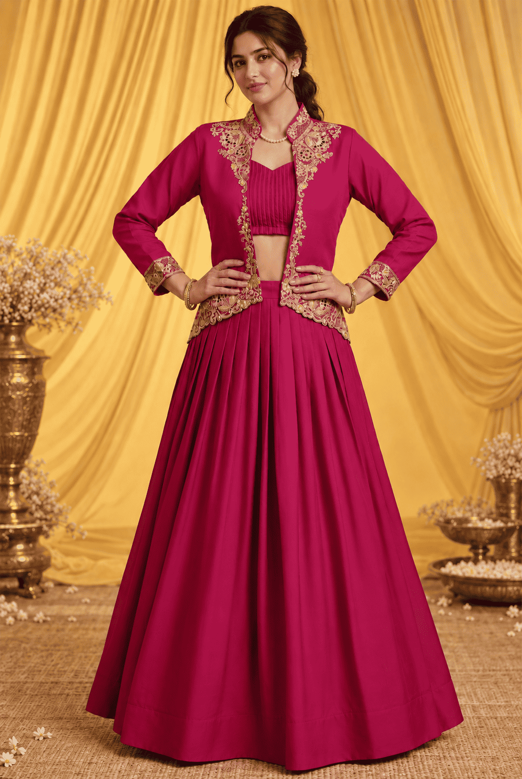 Red silk blend with embroidery jacket lehenga set