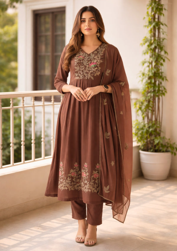 Brown Cotton Blend Embroidered Anarkali Kurta Pant With Elegant Dupatta