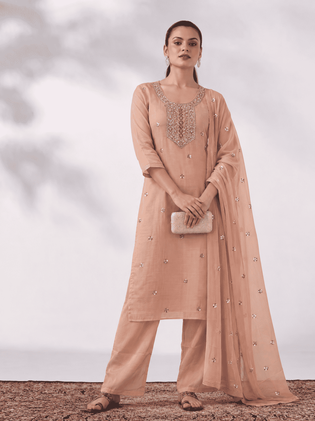 Peach Embroidered Shantoon Kurta Pant and Dupatta