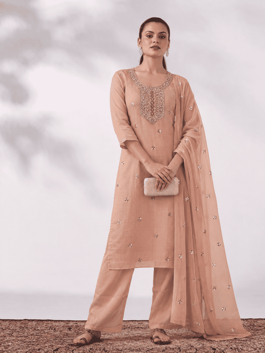 Peach Embroidered Shantoon Kurta Pant and Dupatta