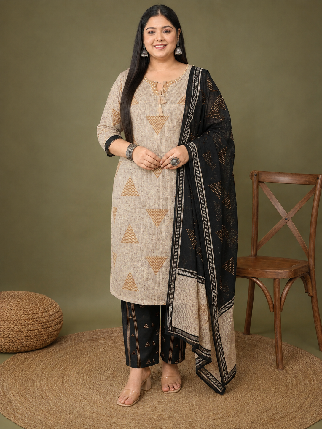 Beige And Black Block Printed Cotton Kurta Pant With Dupatta