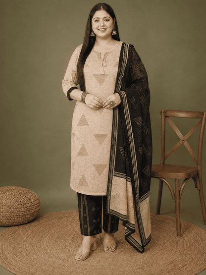 Beige And Black Block Printed Cotton Kurta Pant With Dupatta