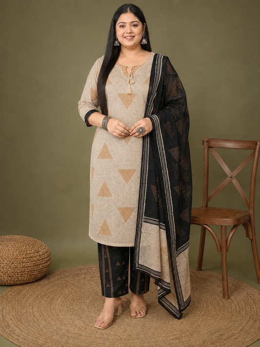 Beige And Black Block Printed Cotton Kurta Pant With Dupatta