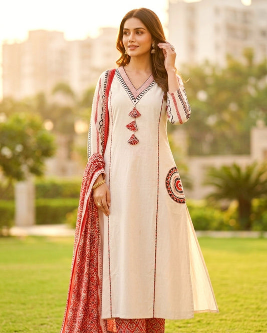 Ivory White Cotton Kurta Set Featuring Applique Pocket With Kalamkari Dupatta