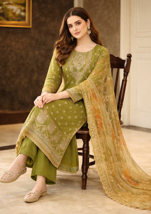 Olive Green Rayon Digital Printed Kurta Pant With Traditional Dupatta