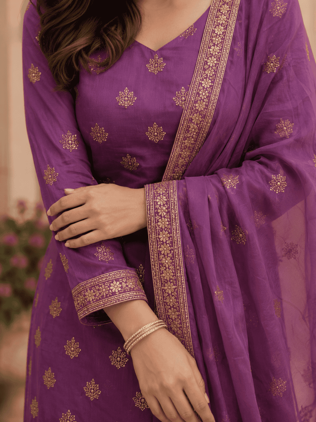 Unstitched Plum Shimmer Silk-Blend Embroidered Suit Material