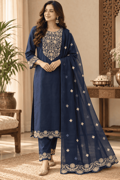 Teal Silk Blend Embroidered Kurta Pant and Dupatta Set