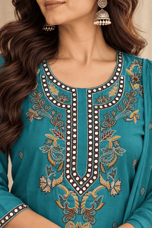Teal Blue Embroidered Rayon Kurta Pant and Dupatta