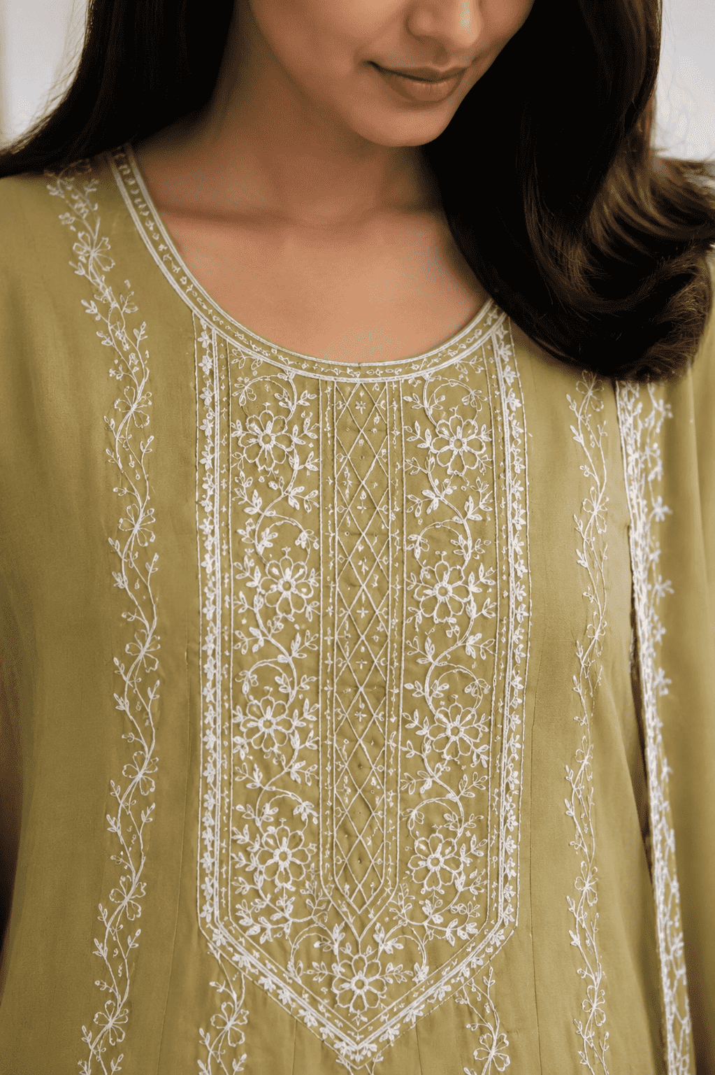 Beige Embroidered Mul Cotton Kurta Pant and Dupatta