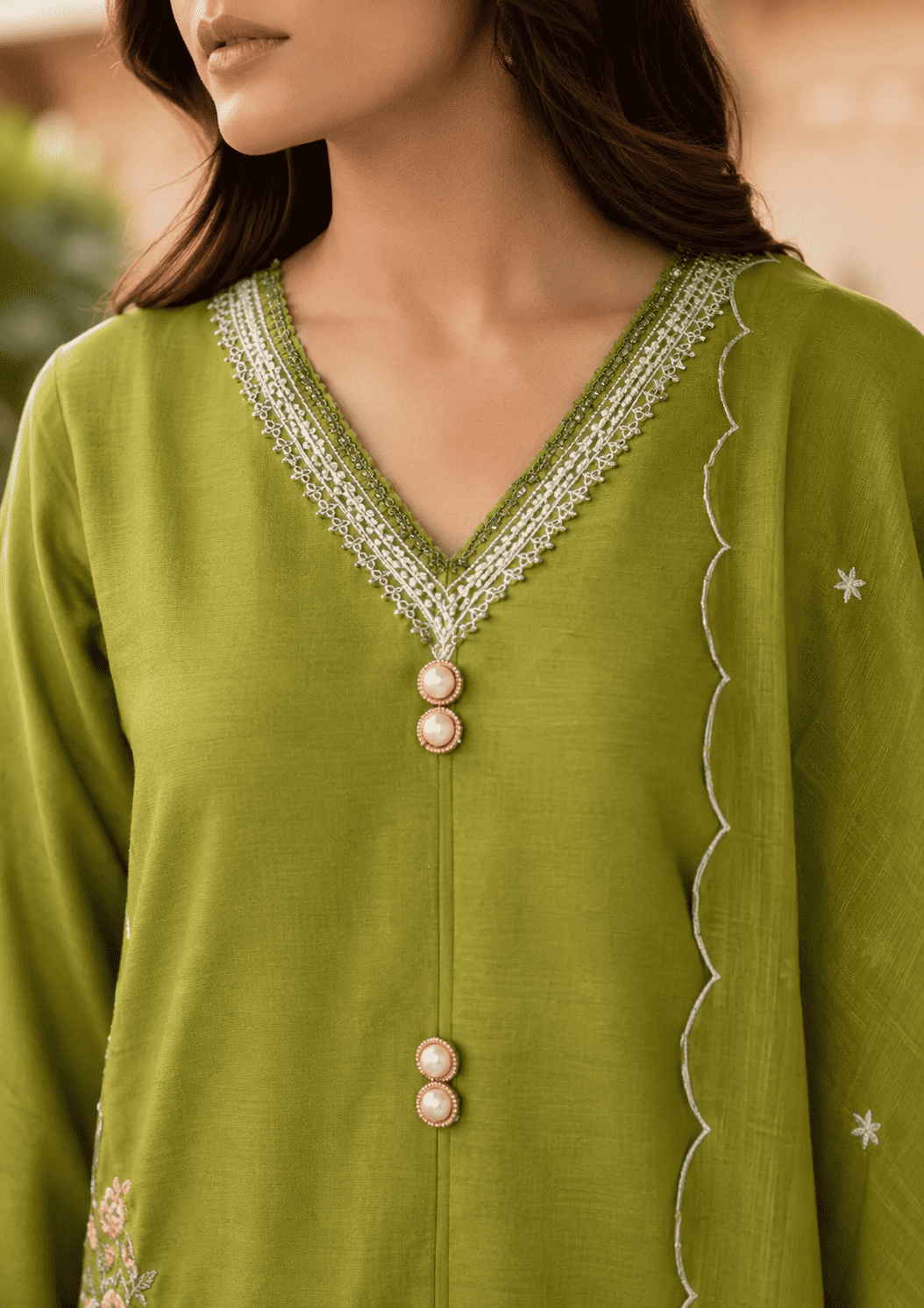 Olive Green Silk Embroidered Kurta pant Set with Dupatta